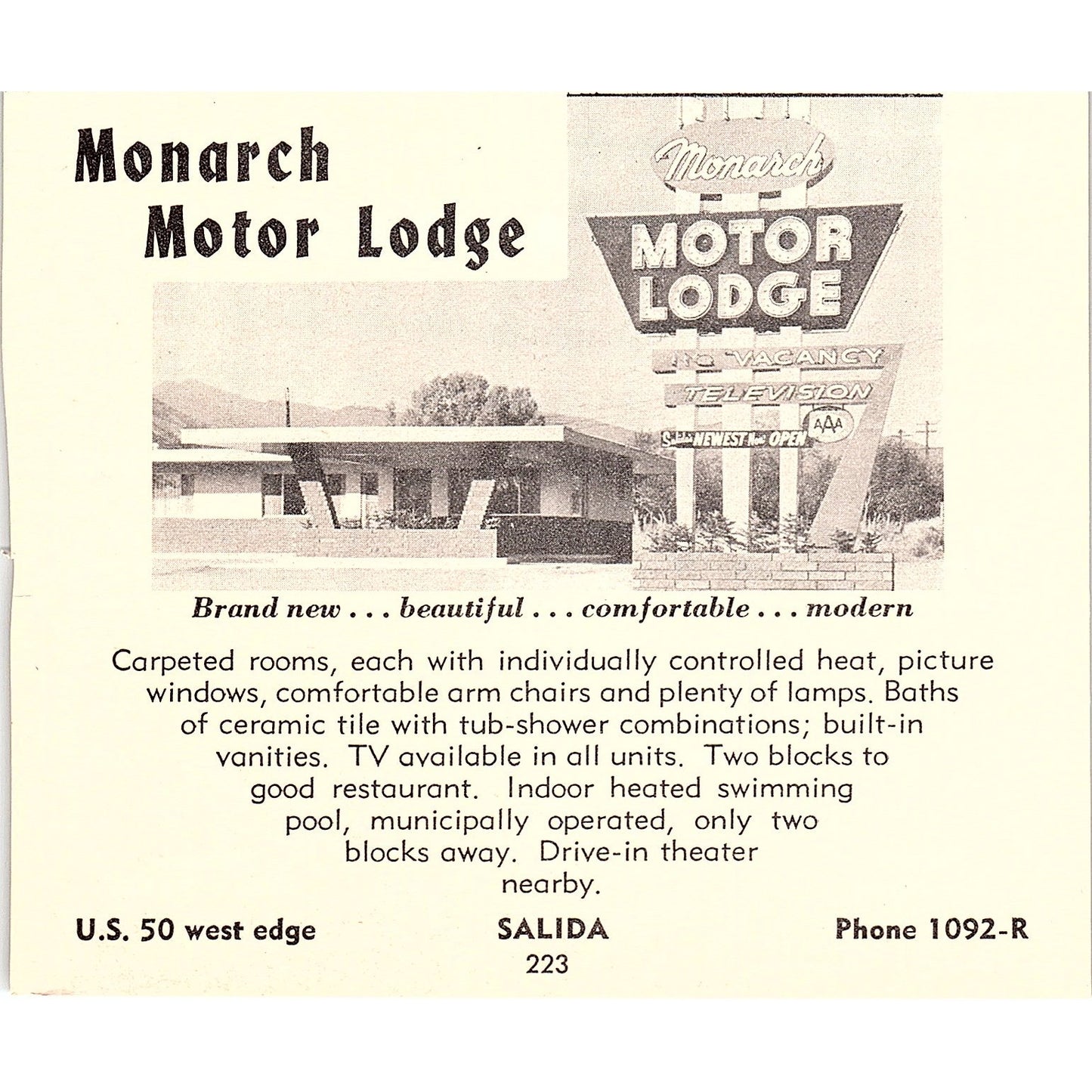 Monarch Motor Lodge Salida, Dakota Lodge South Fork CO 1958 Ad AG1-H2
