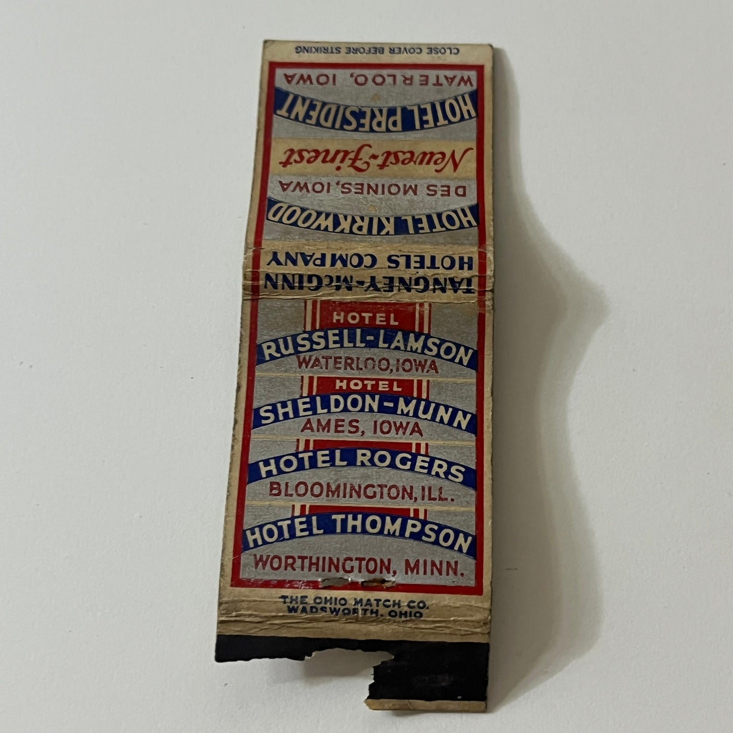 Hotel Kirkwood Des Moines Hotel President Waterloo Iowa Vtg Matchbook TB6-MB2-11