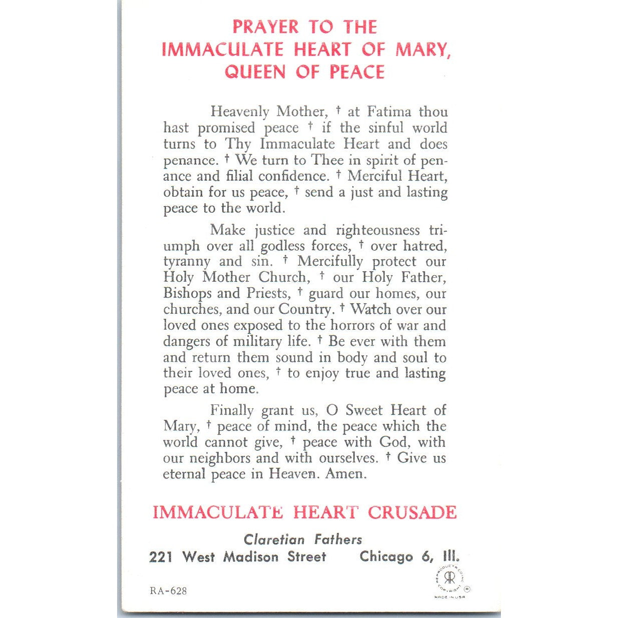Immaculate Heart Crusade Claretian Fathers Chicago Vintage Prayer Card TH2-PC1