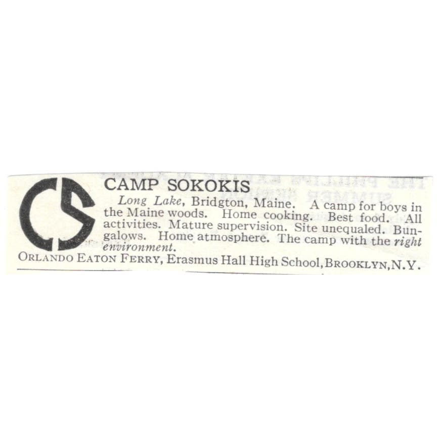Camp Sokokis Long Lake Bridgton Orlando Eaton Ferry c1918 Advertisement AE5-SA4