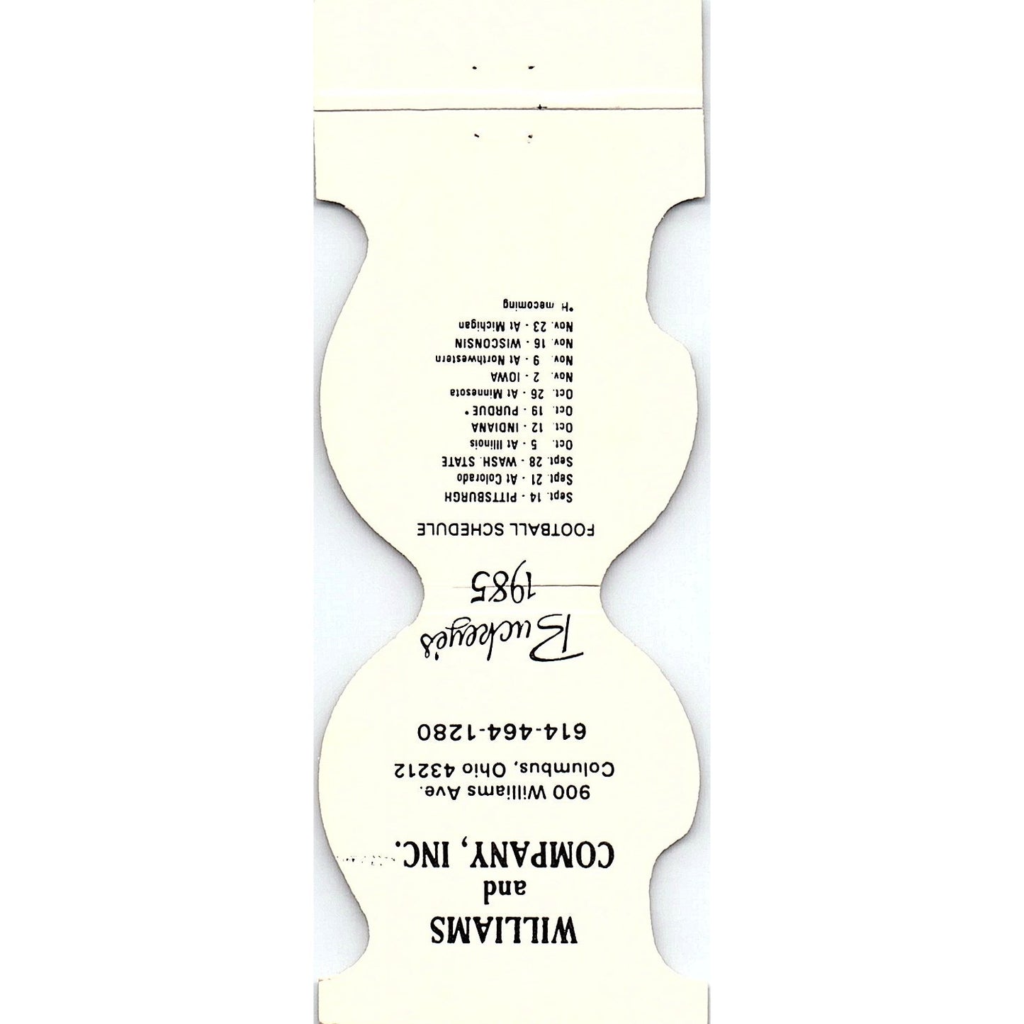 Ohio State Buckeyes Football 1985 Schedule Williams & Co Matchbook TB6-MB2-8