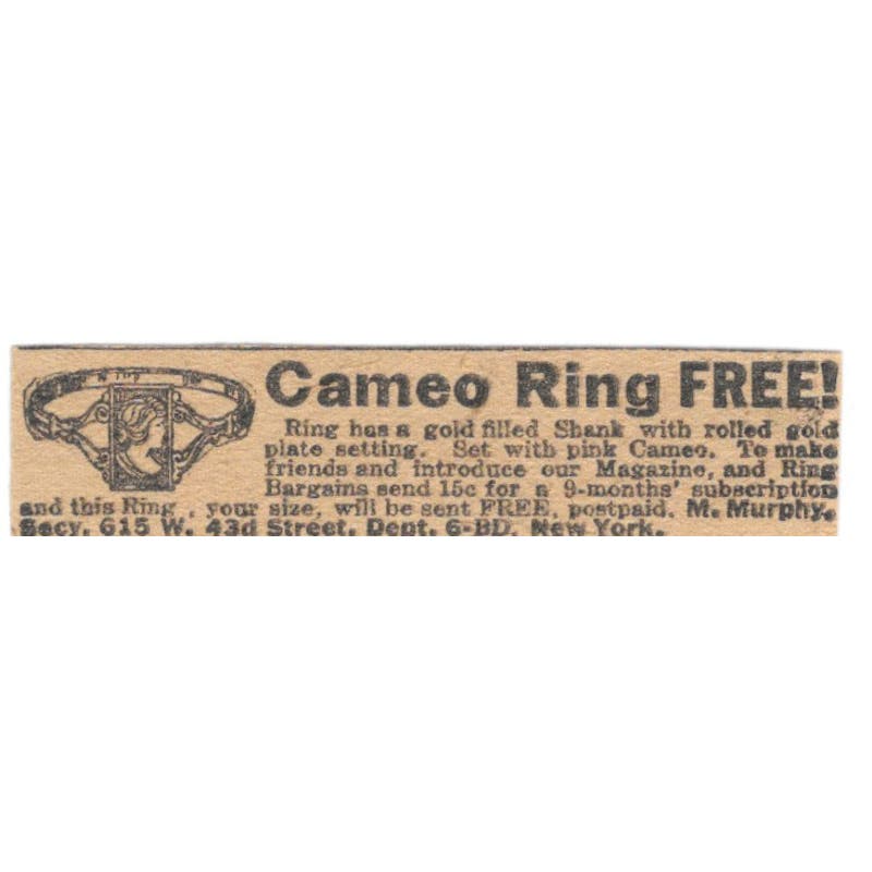 Free Cameo Ring Offer M. Murphy New York 1923 Magazine Ad Clip AE1-8
