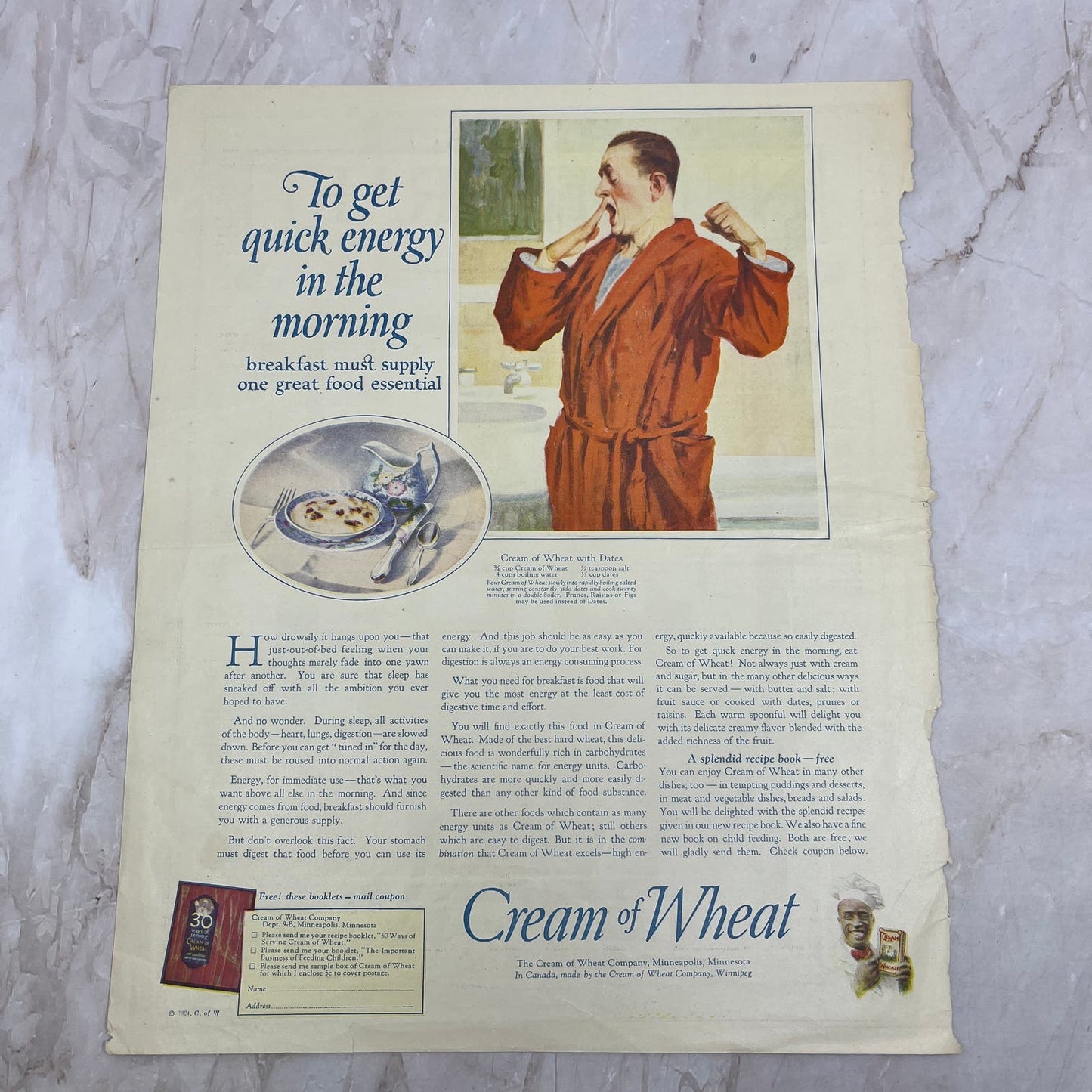 1924 Cream of Wheat with Dates Recipe 10x13 Magazine Advertisement FL6-7