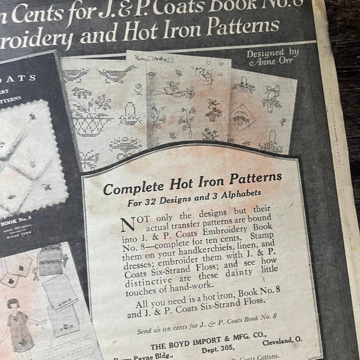JP Coats Cottons Embroidery & Hot Iron Patterns by Anne Orr Magazine Ad 10x14 V7