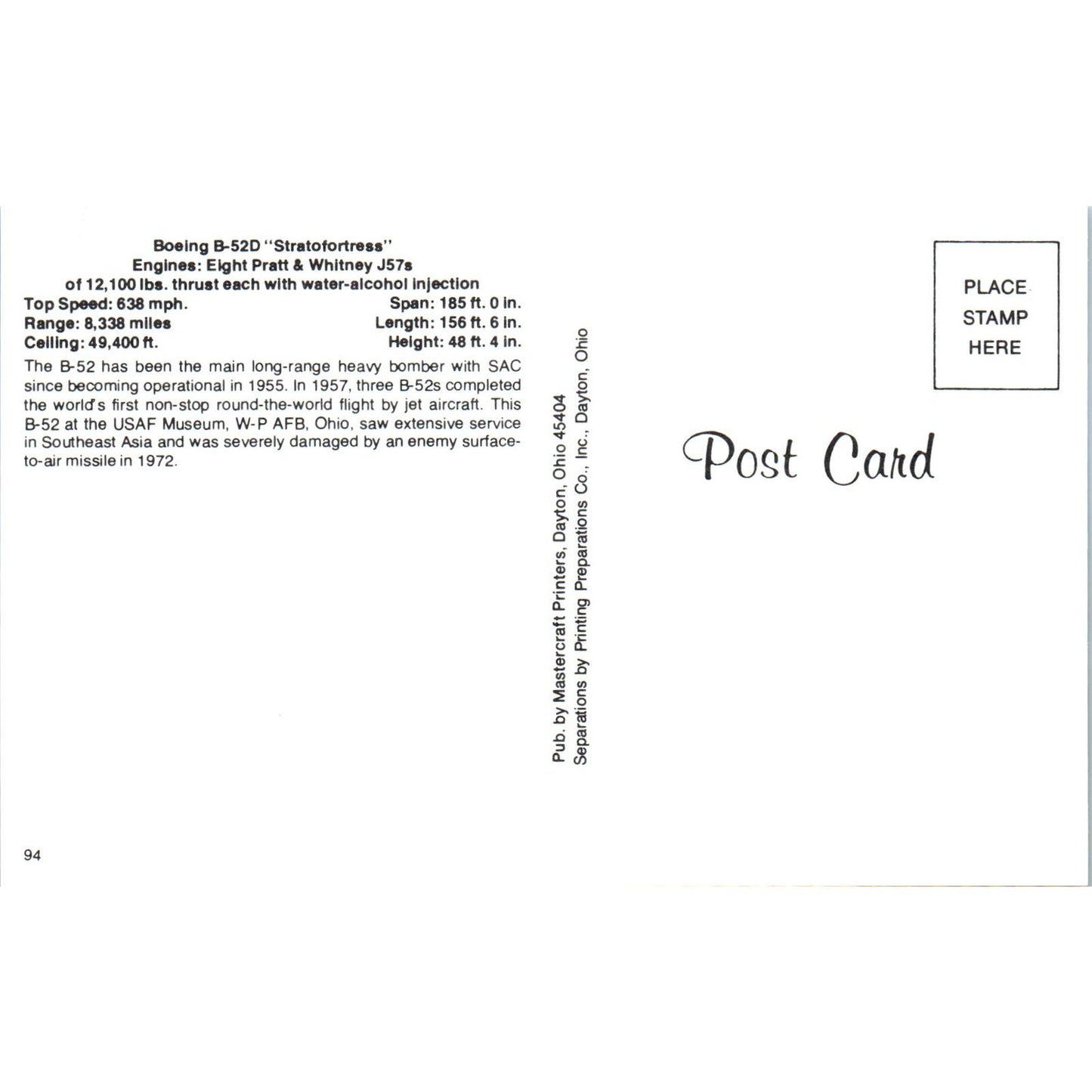 Boeing B-52D Stratofortress Vintage Postcard TG8-PC