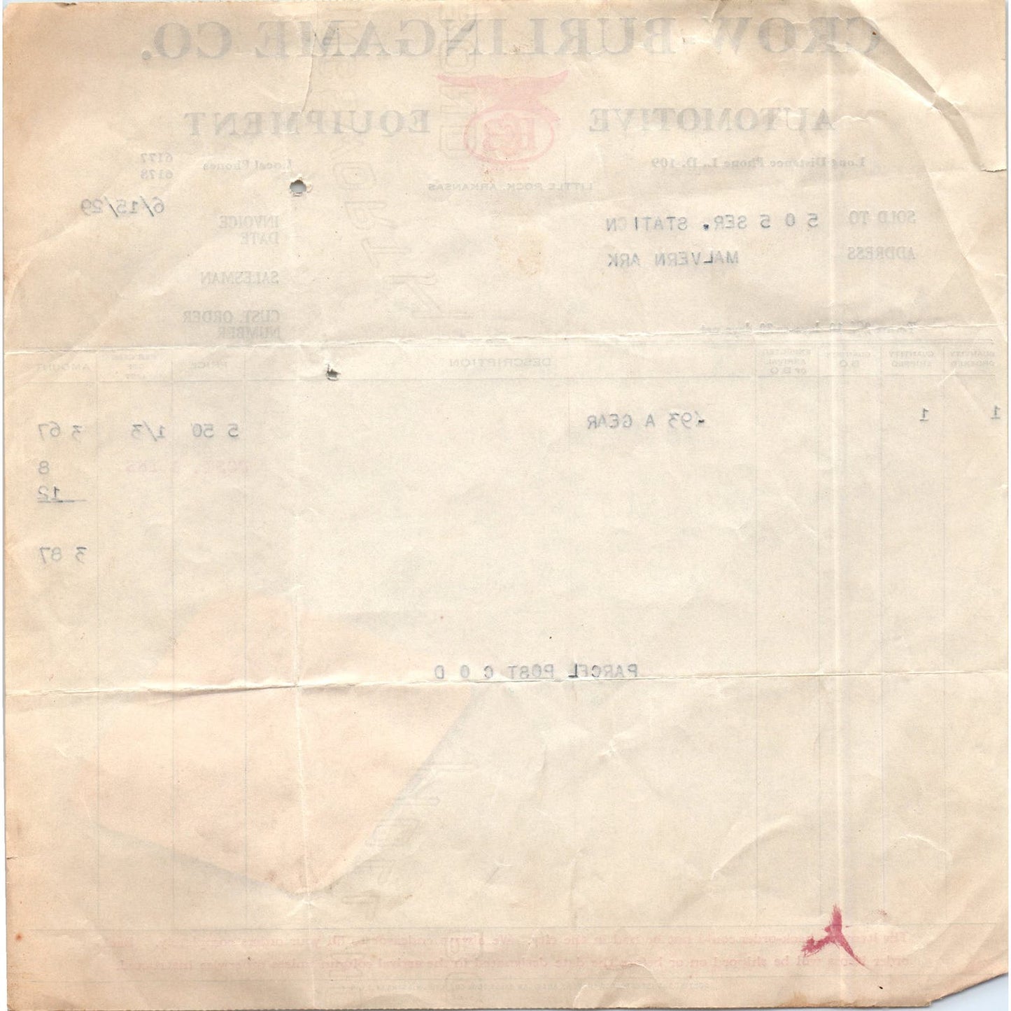 1929 Crow-Burlingame Co. Automotive Equipment Invoice Vulco Fan Belt Sticker AE4