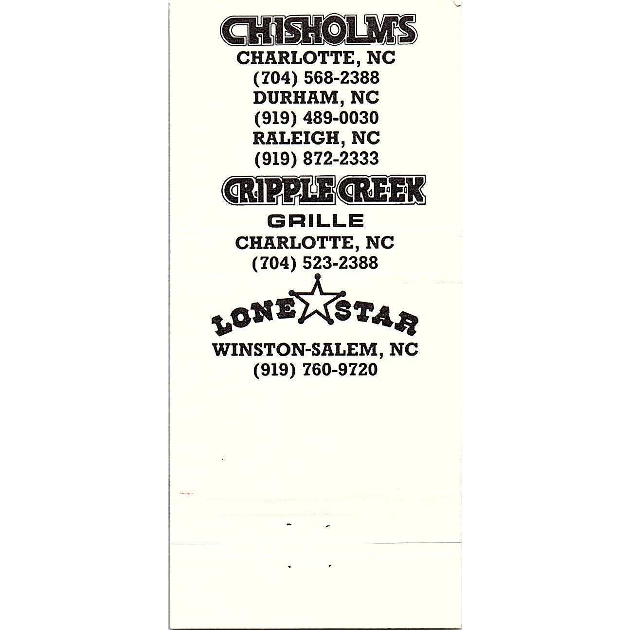 Chisholms Cripple Creek Lone Star Restaurants NC Vintage Matchbook TB6-MB2-7