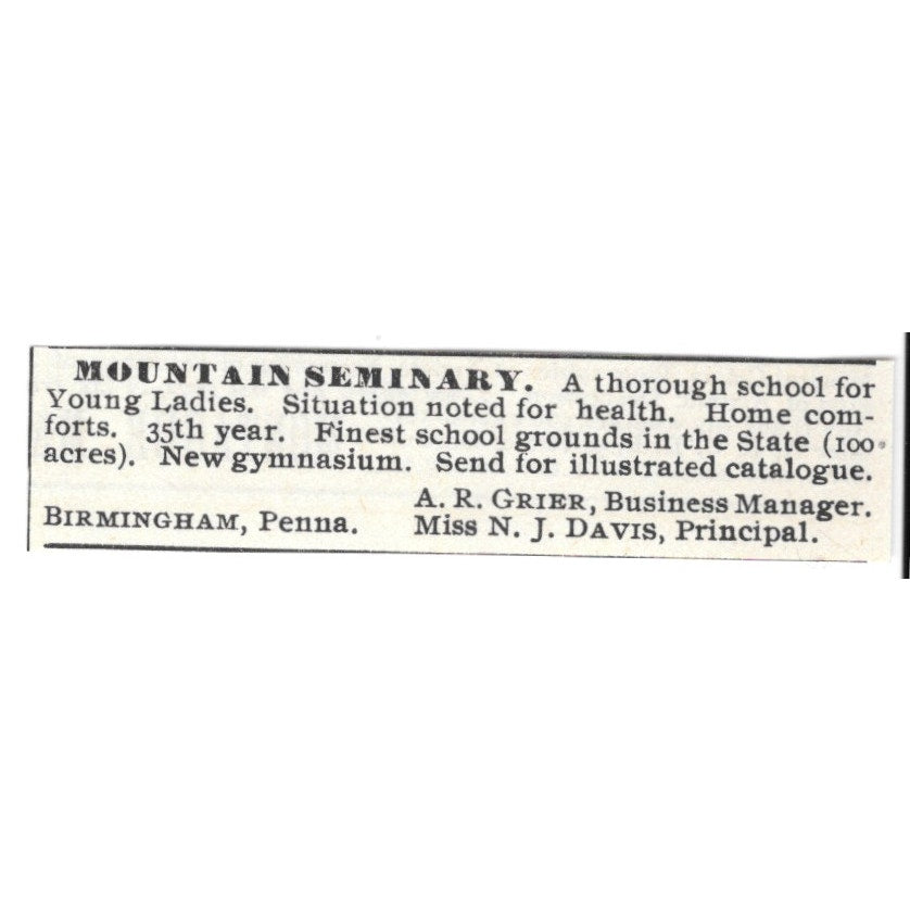 Mountain Seminary A.R. Grier N.J. Davis Birmingham PA 1892 Ad AG2-S23