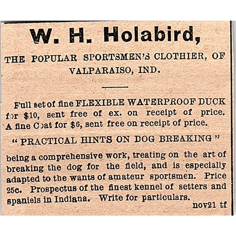 W.H. Holabird Popular Sportsmen's Clothier of Valparaiso Indiana 1878 Ad AG2-M14