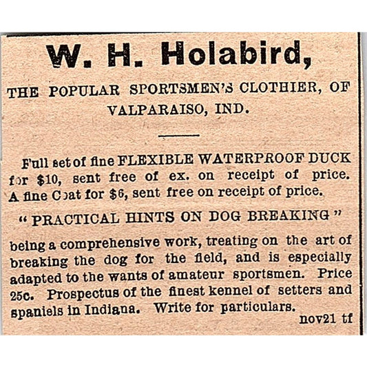W.H. Holabird Popular Sportsmen's Clothier of Valparaiso Indiana 1878 Ad AG2-M14