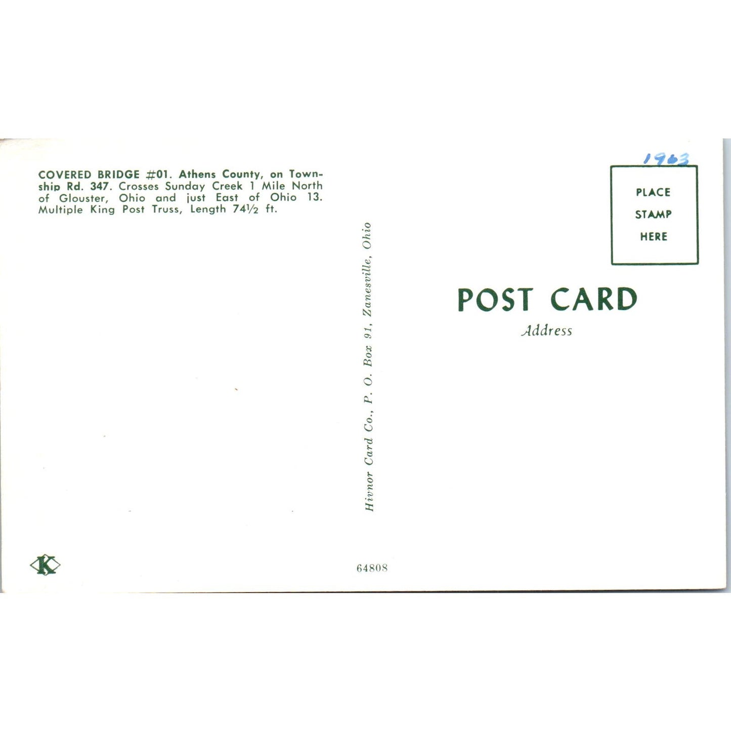 Athens County 1 Glouster Ohio Vintage Covered Bridge Postcard PC16