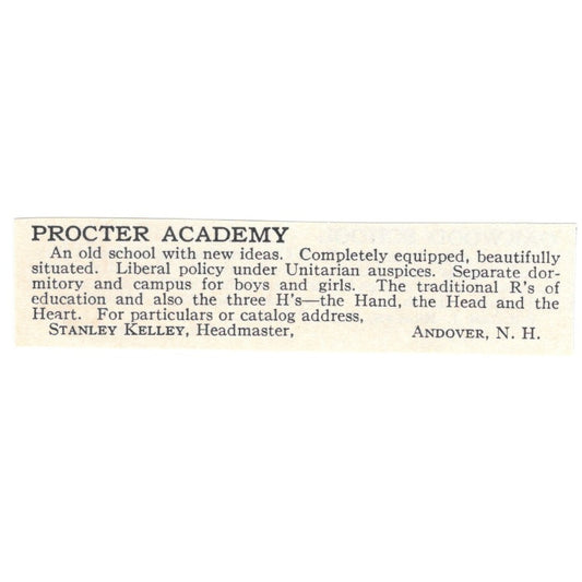 Procter Academy Stanley Kelley Andover NH 1924 Magazine Ad AD8-O7