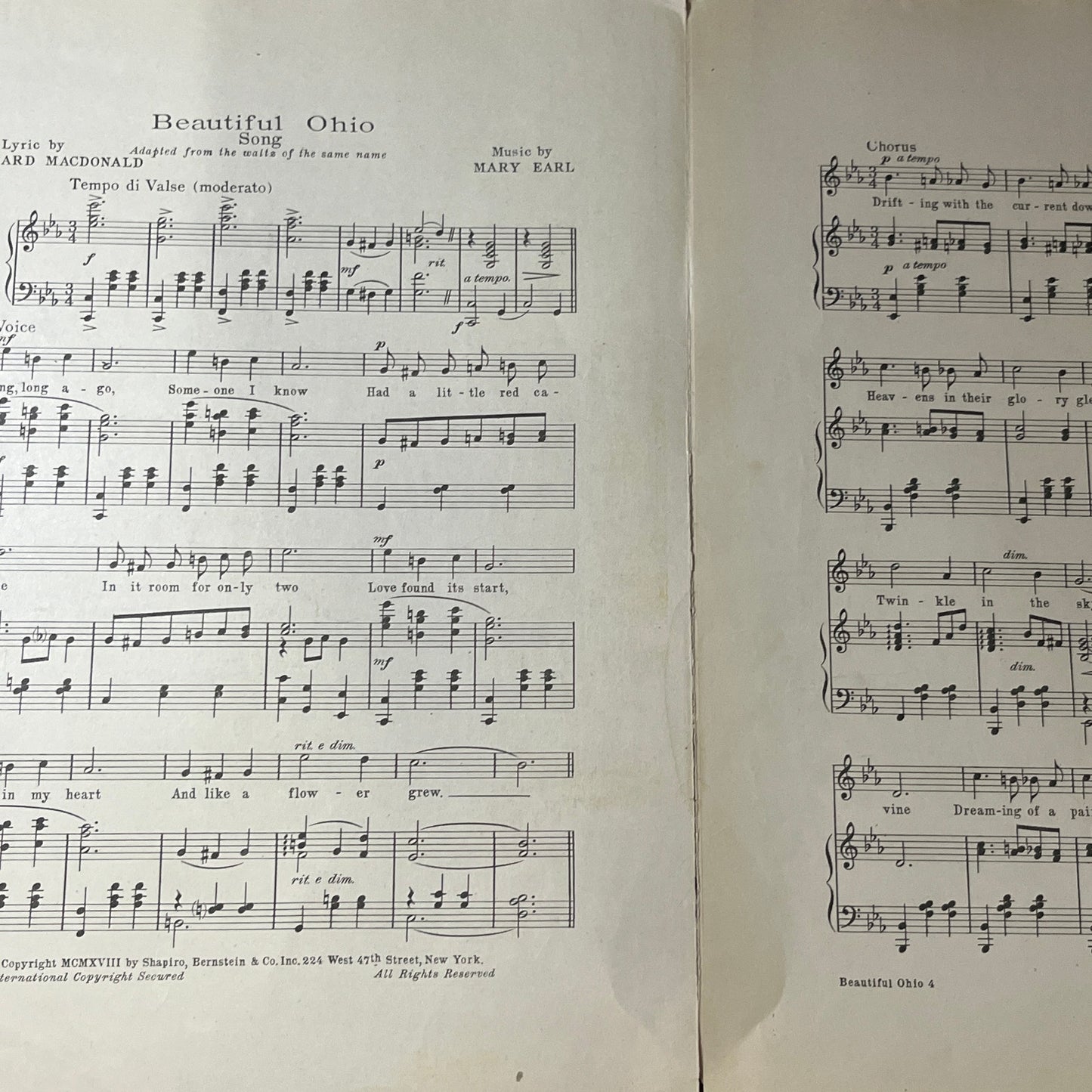 Beautiful Ohio Mary Earl Ballard Macdonald 1918 Sheet Music V13