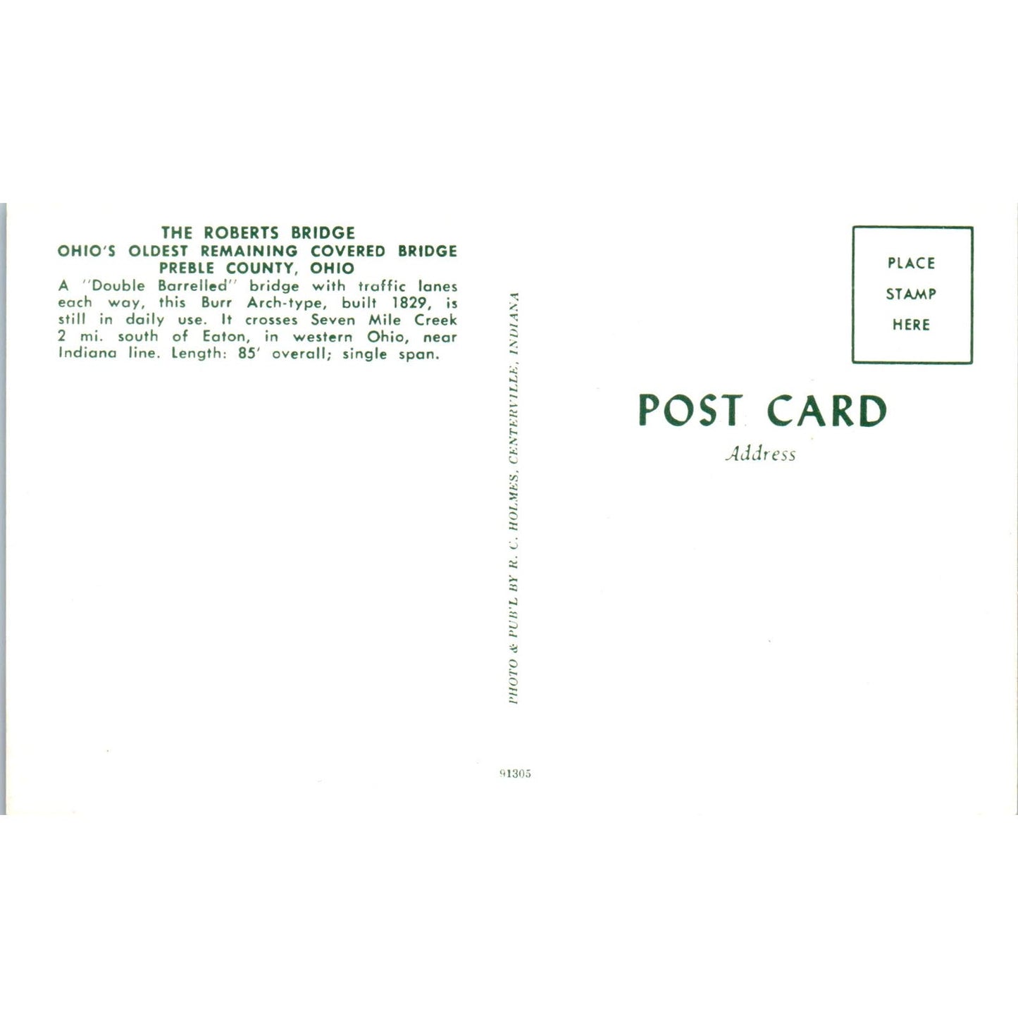 Roberts Bridge Preble County Ohio Covered Bridge Postcard PC6