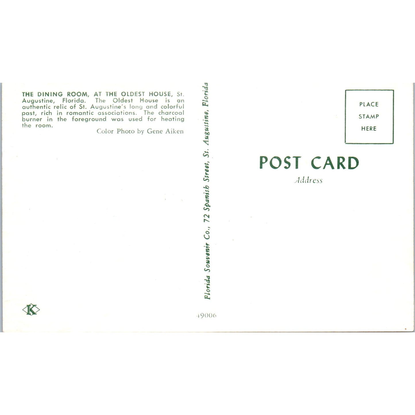 The Dining Room at Oldest House in St. Augustine FL Vintage Postcard PD1