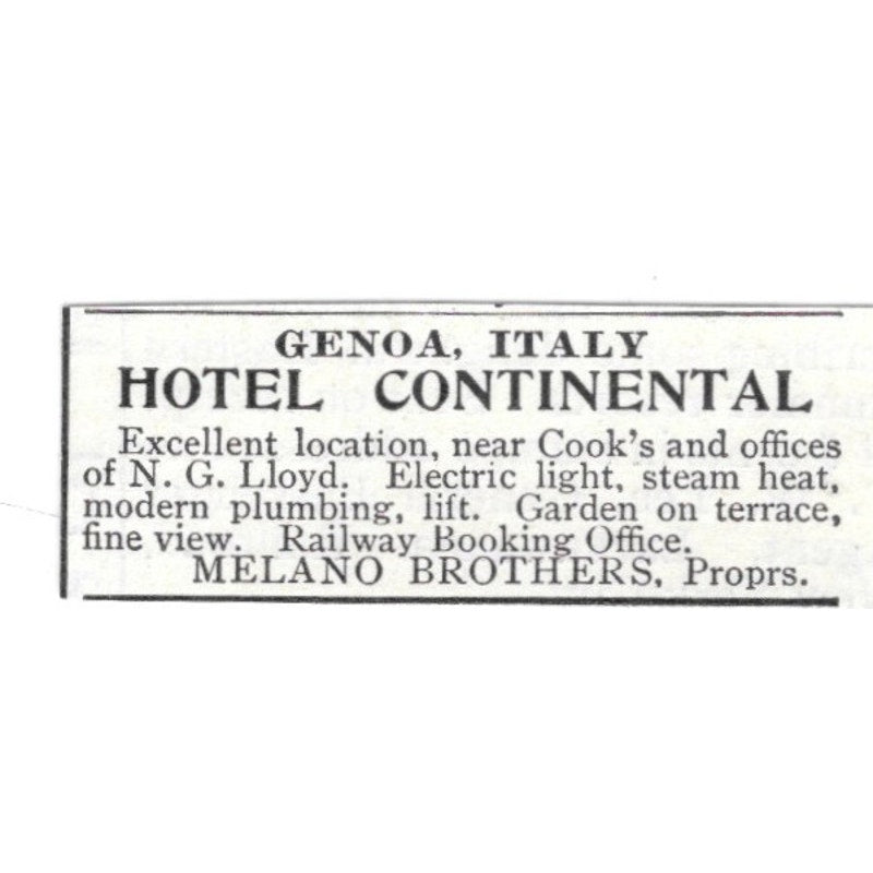 Hotel Continental Genoa Italy Melano Brothers 1903 Ad AF8-S38
