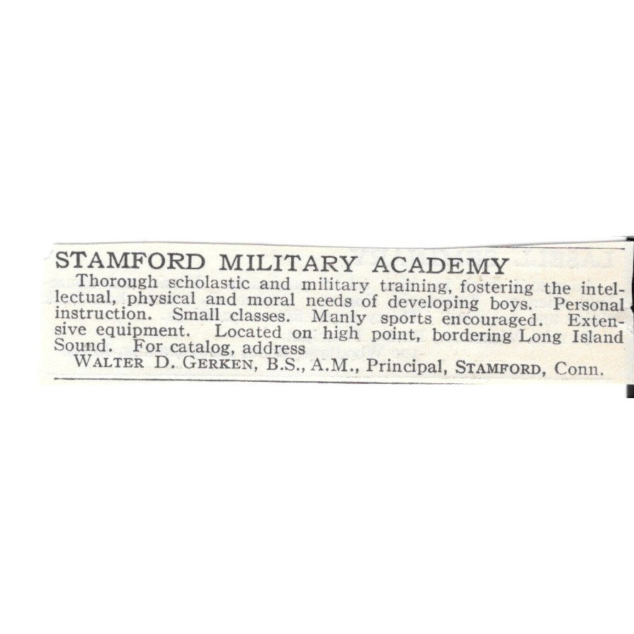 Stamford Military Academy Stamford CT Walter D. Gerken, B.S. c1920 Ad AG4-S9