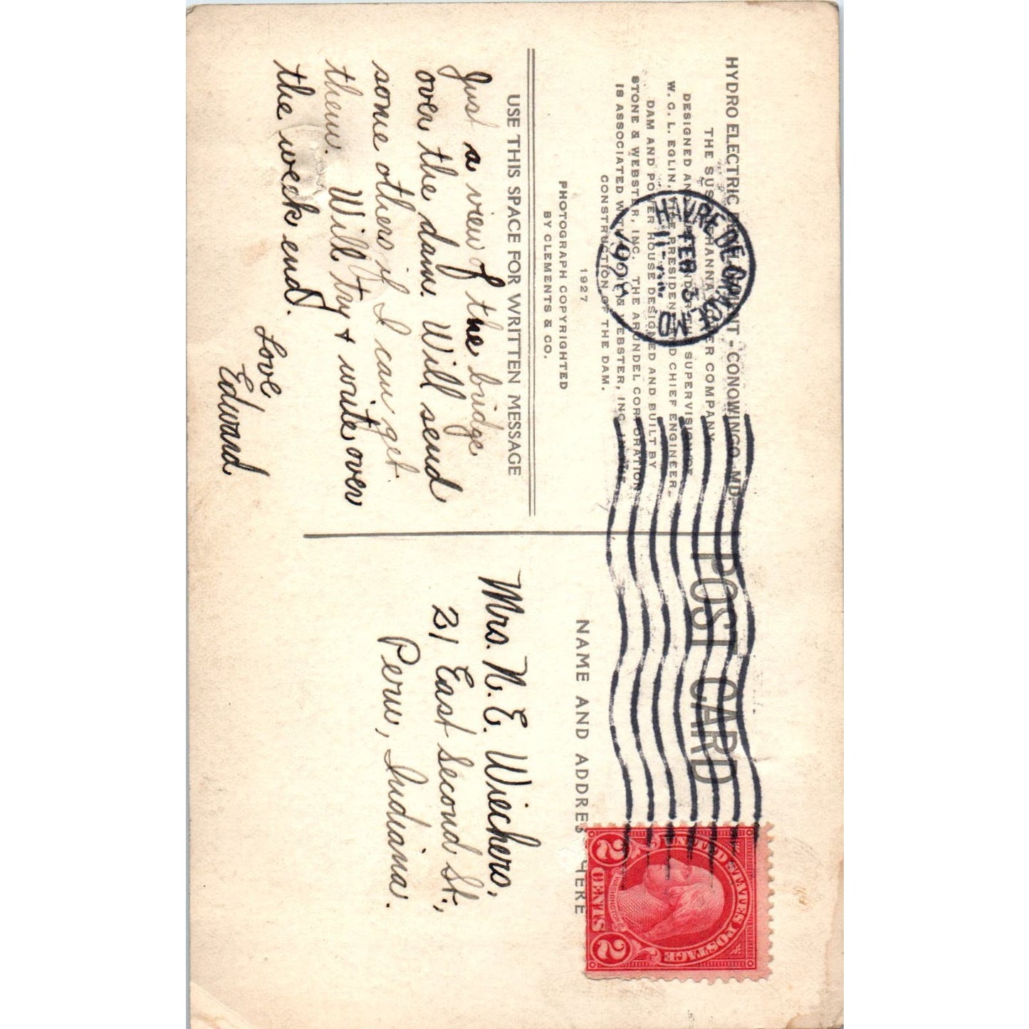 1928 Hydro Electric Plant Conowingo MD Susquehanna Water Co RPPC Postcard AE2