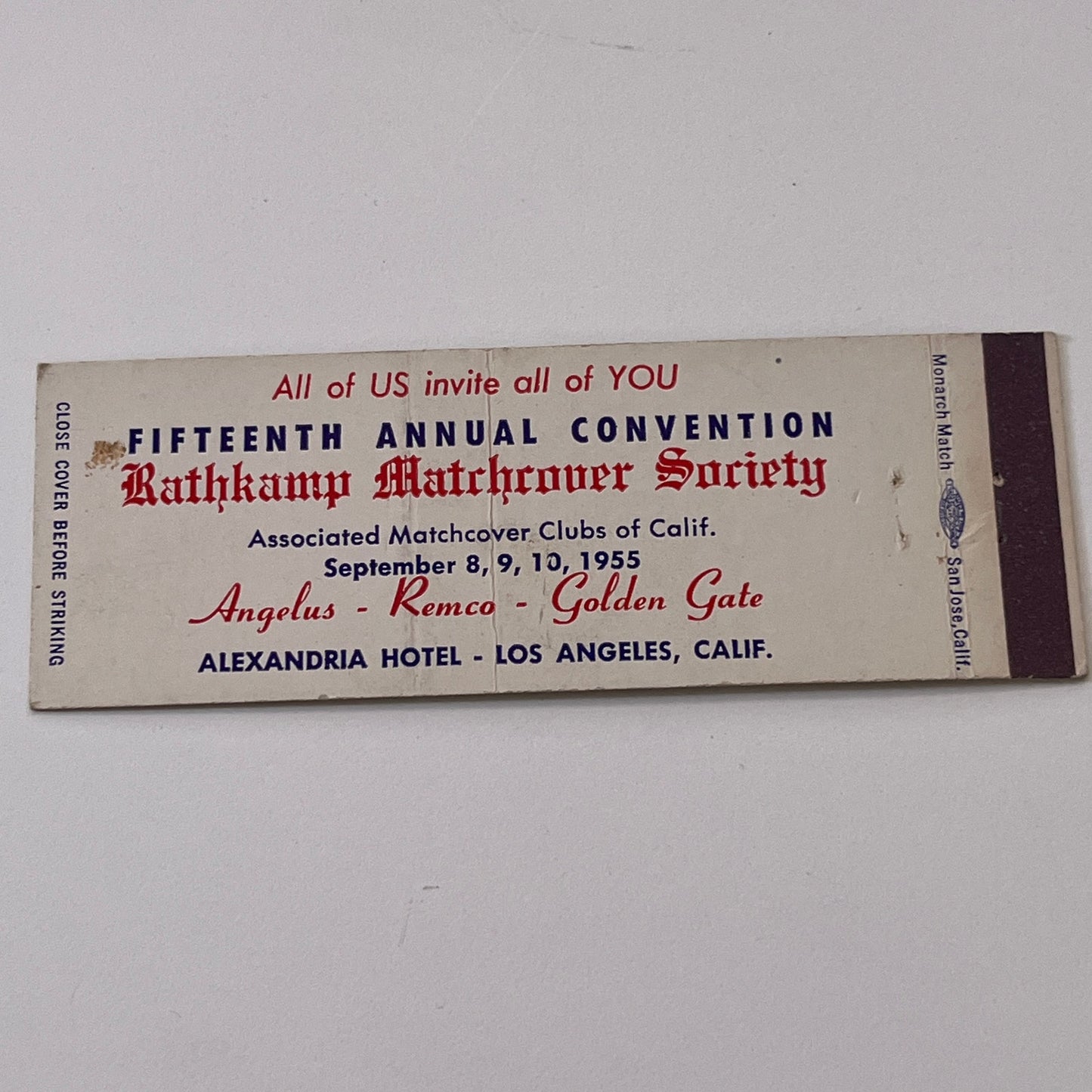 1955 Rathkamp Matchcover Society Convention Los Angeles Matchbook TB6-MB1-15