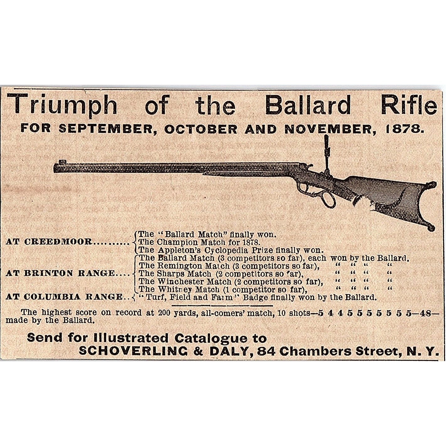 The Ballard Rifle Schoverling & Daly 84 Chambers St NY 1878 Ad AG2-H4