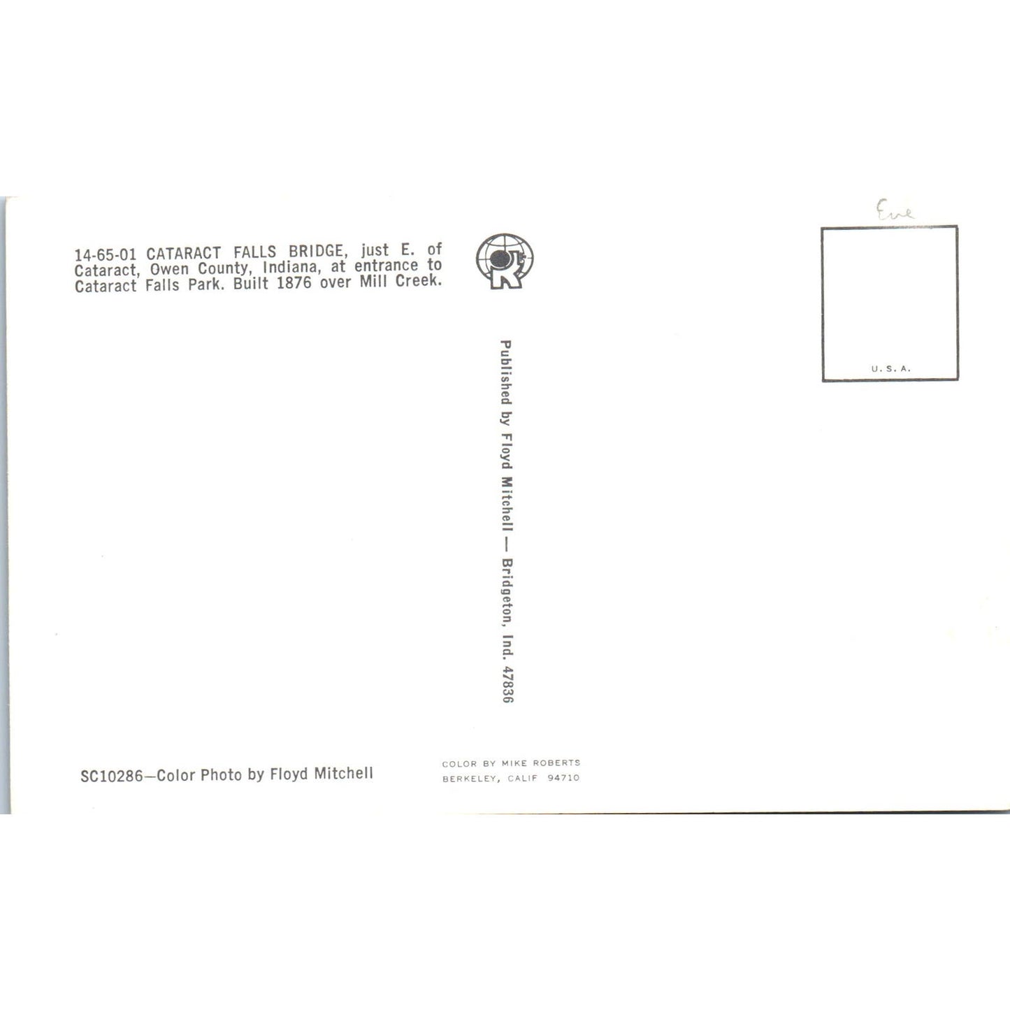 Cataract Falls Bridge Owen County IN Vintage Covered Bridge Postcard PD3