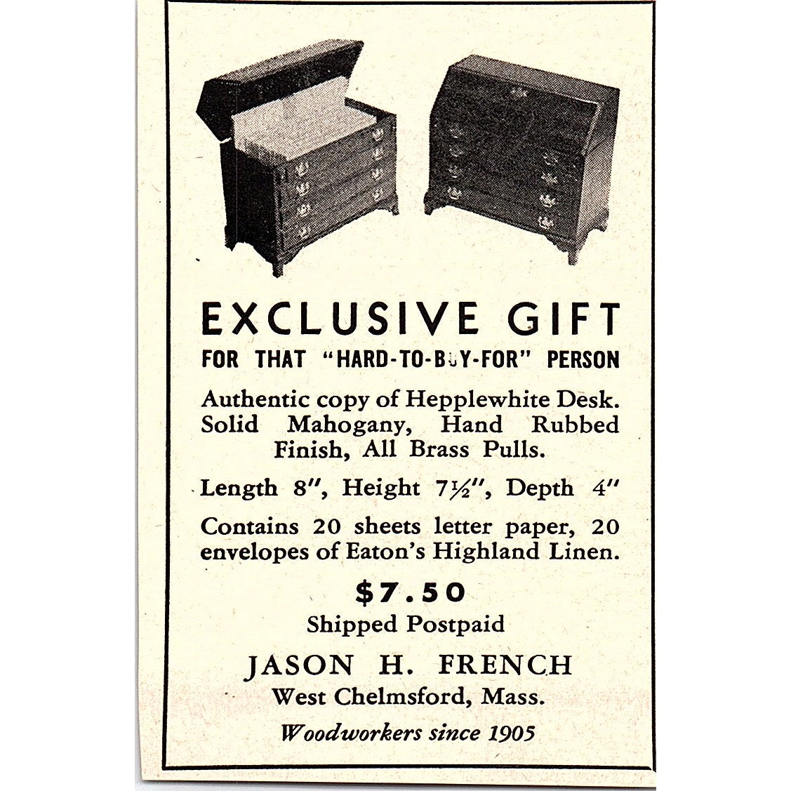 Jason H French Exclusive Gift West Chelmsford MA 1952 Yankee Magazine Ad SAG5-M3