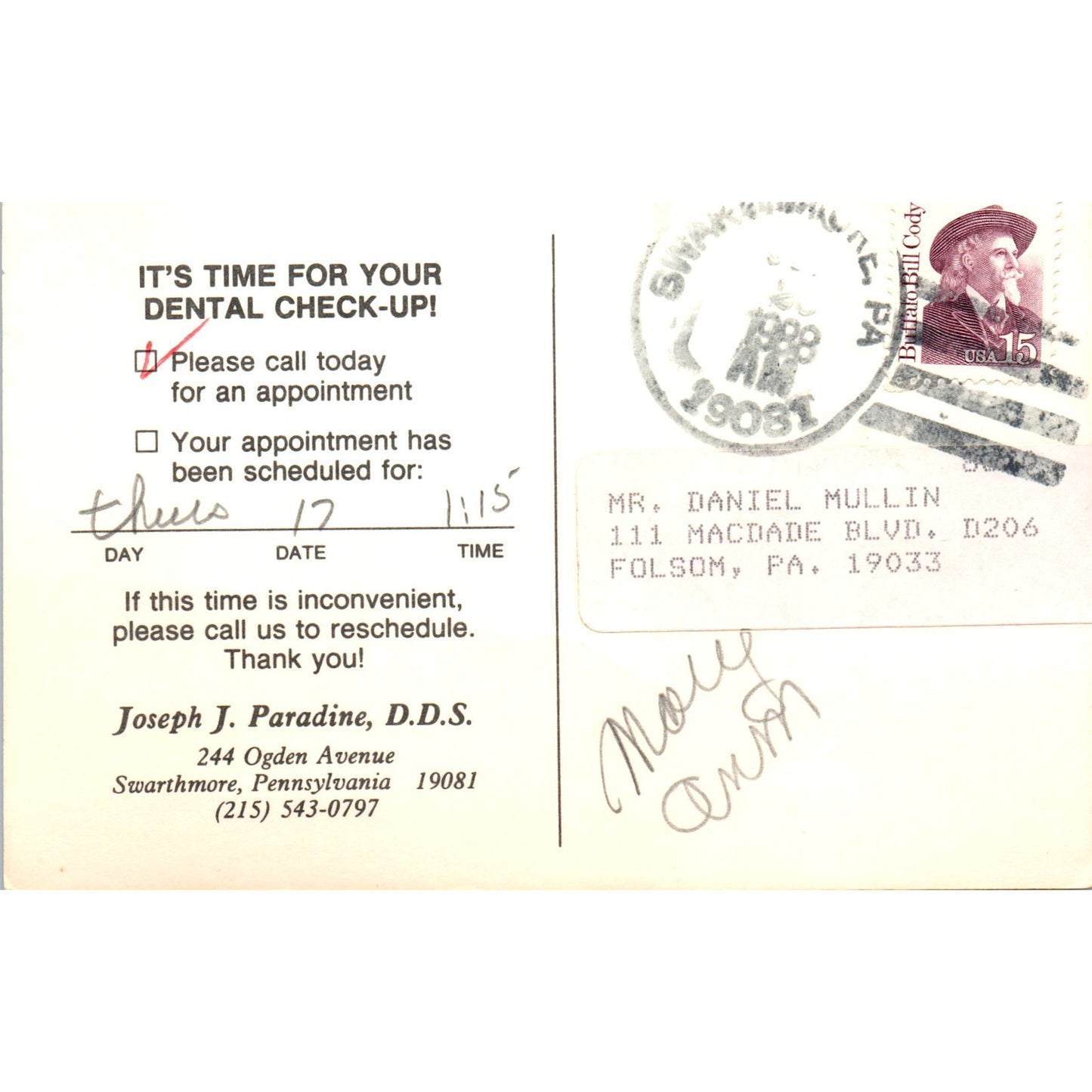 1988 Joseph J. Paradine Dentist Check Up Swarthmore Old Couple Postal Card PD7