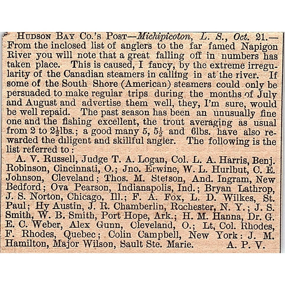 Hudson Bay Co Michipicoten List of Anglers to Nipigon River 1878 Article AG2-H3