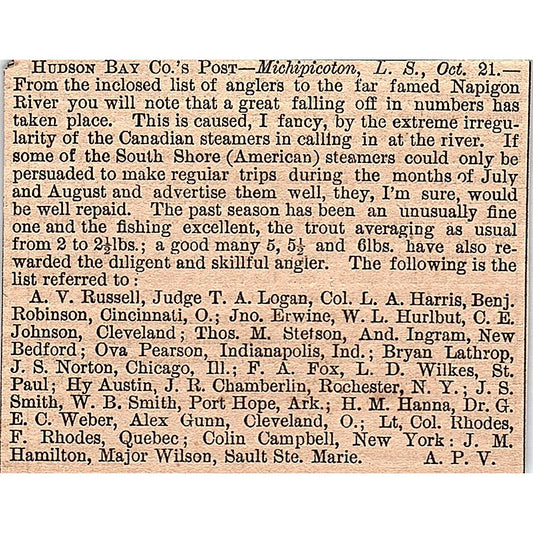 Hudson Bay Co Michipicoten List of Anglers to Nipigon River 1878 Article AG2-H3