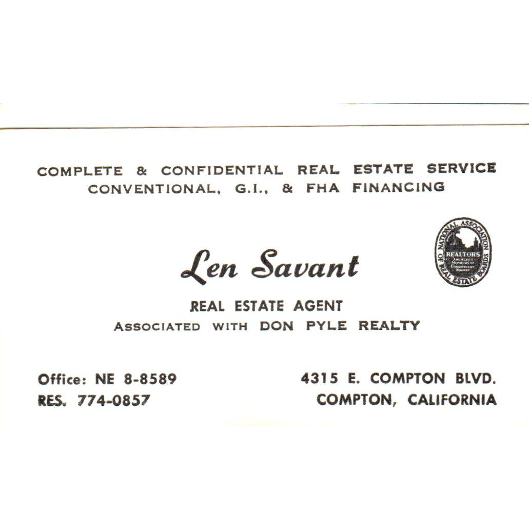 Len Savant Realtor Compton CA Vintage Business Card SD8-B1