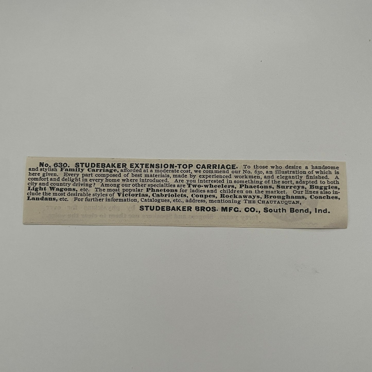 Studebaker Extension Top Carriage Studebaker Bros Mfg South Bend 1892 Ad AG2-7