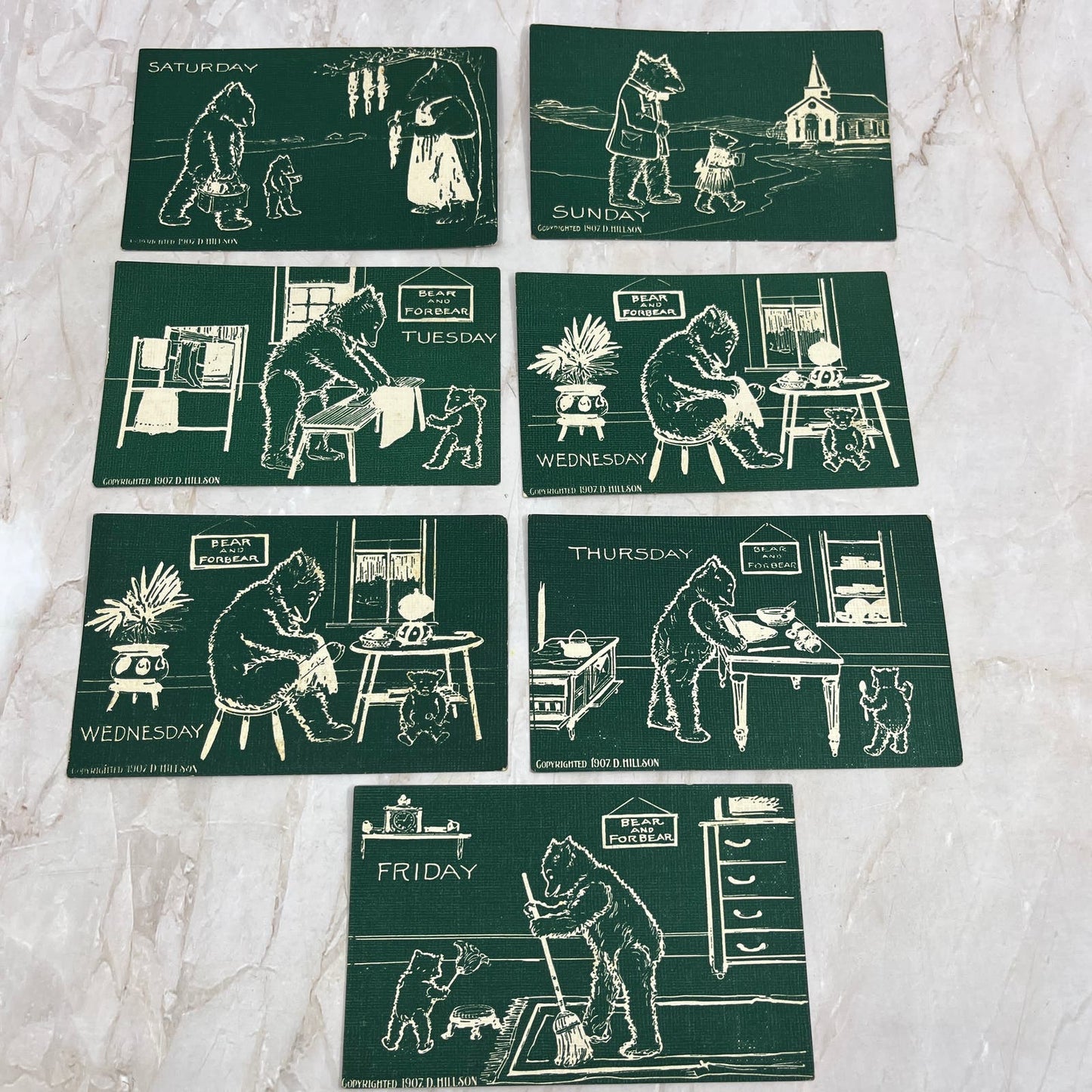 1907 D. Hillson Illustrated Teddy Bear Days of the Week Postcard Set TF5-L3