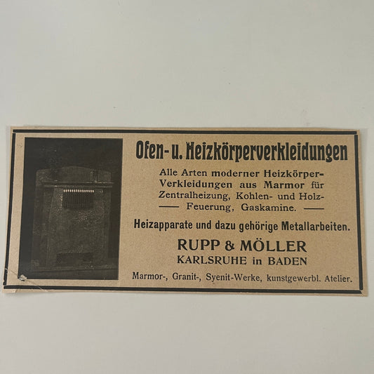 Ofen-u. Heizkörperverkleidungen Rupp & Möller Baden 1906 German Ad AH9-H1