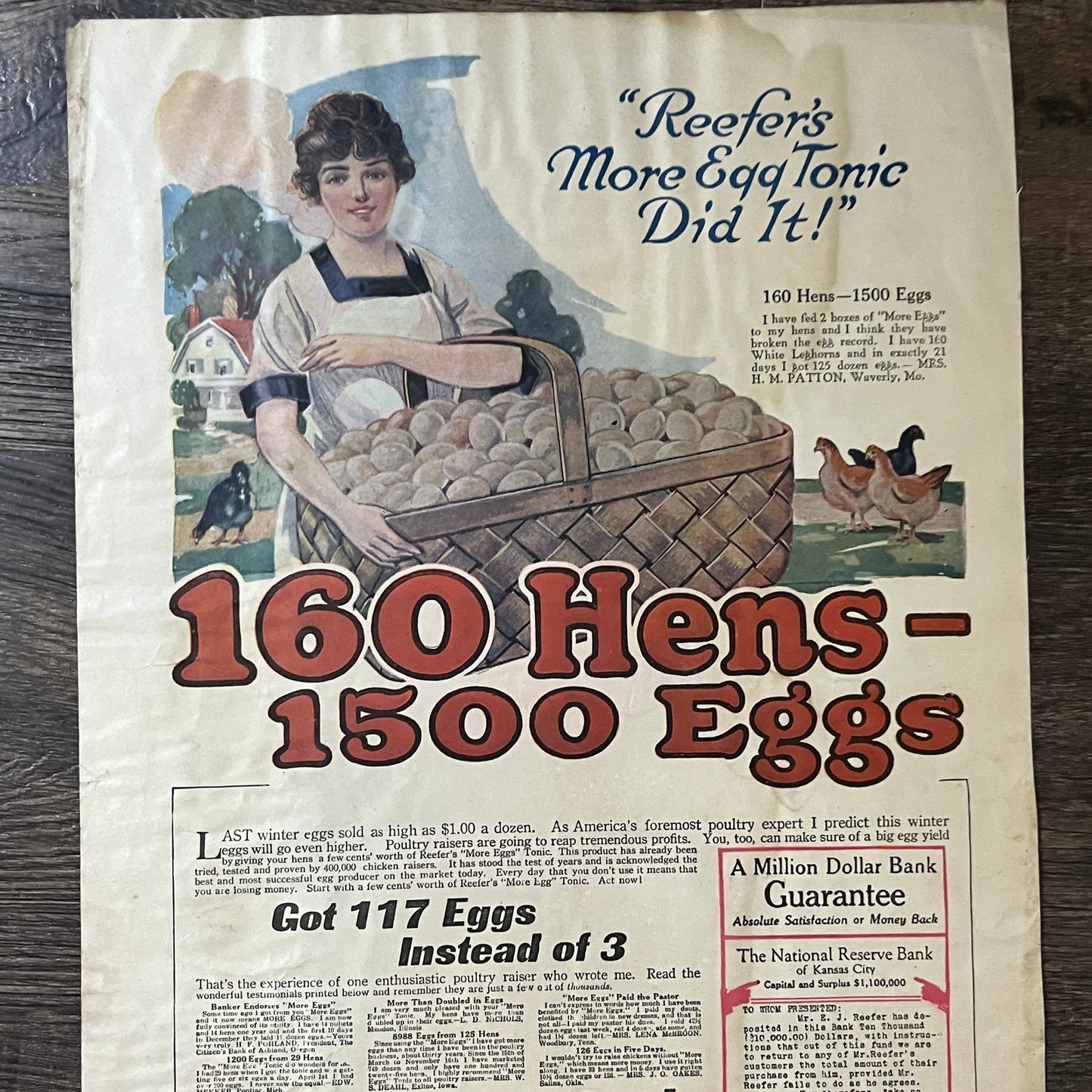 E.J. Reefer Egg Tonic 160 Hens - 1500 Eggs Kansas City MO Magazine Ad 11x16 V8
