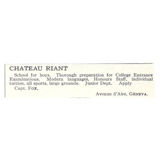 Chateau Riant Boys School Capt. Fox Geneva 1924 Magazine Ad AD8-O9