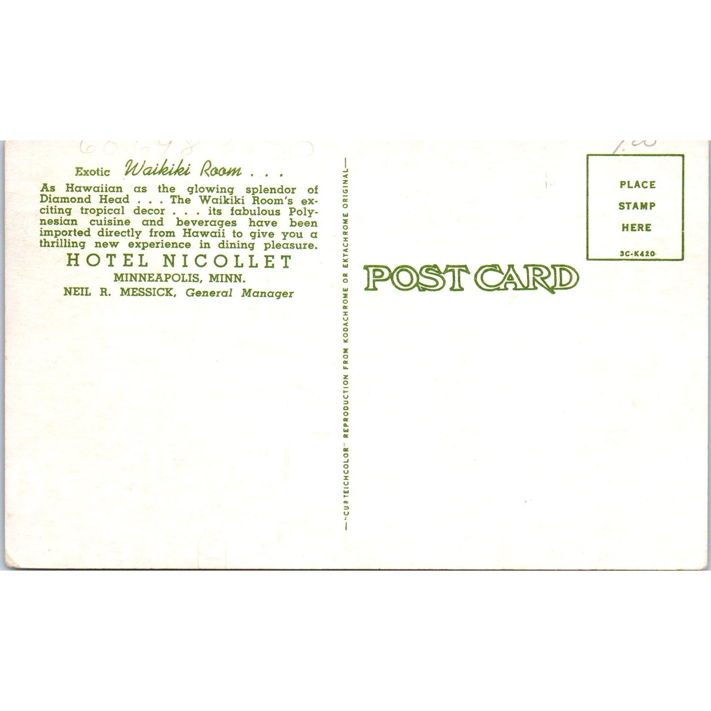 Hotel Nicollet Waikiki Room Neil R. Messick Minneapolis MN Vintage Postcard PD10