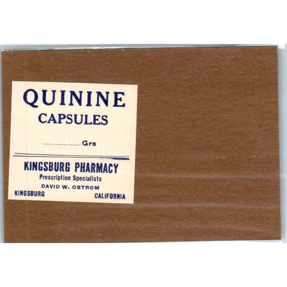 Quinine Kingsburg Pharmacy David W. Ostrom CA Antique Apothecary Label TH2-AL