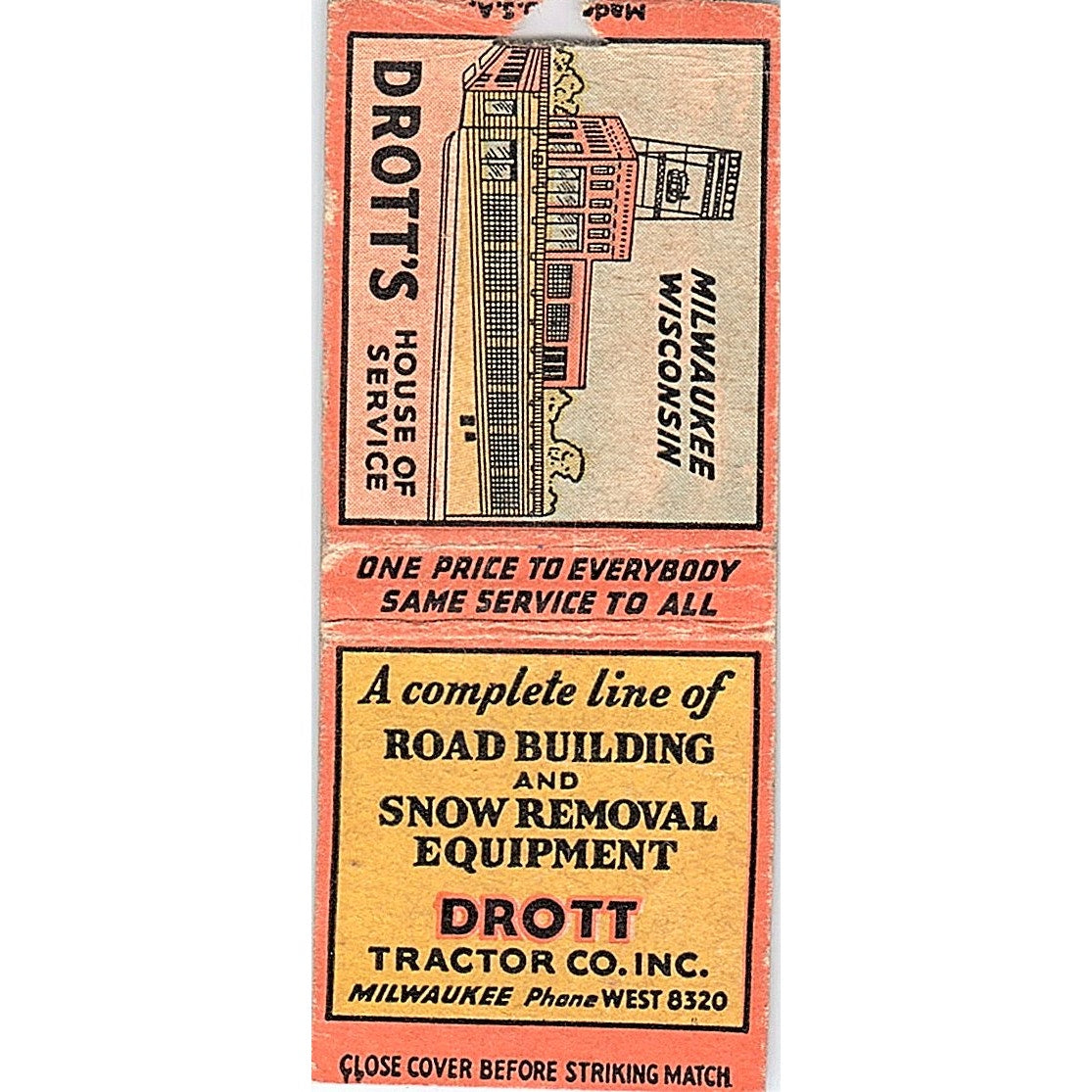 Drott Tractor Co inc Milwaukee WI Vintage Matchbook Cover SC7-Y6