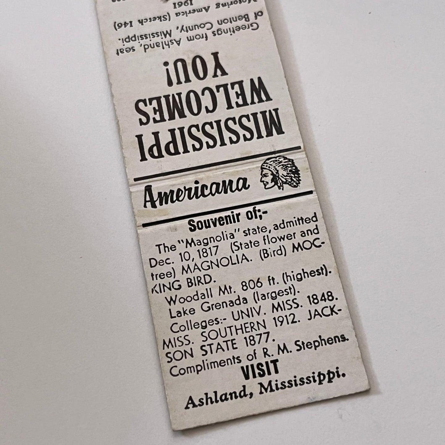 1961 Ashland Mississippi Welcome's You Vintage Matchbook Cover TB6-MB2-1