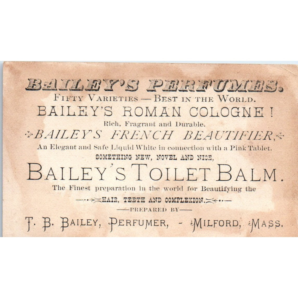 T.B. Bailey Perfumes Milford MA F.B. Brightman c1880 Victorian Trade Card AB6-1