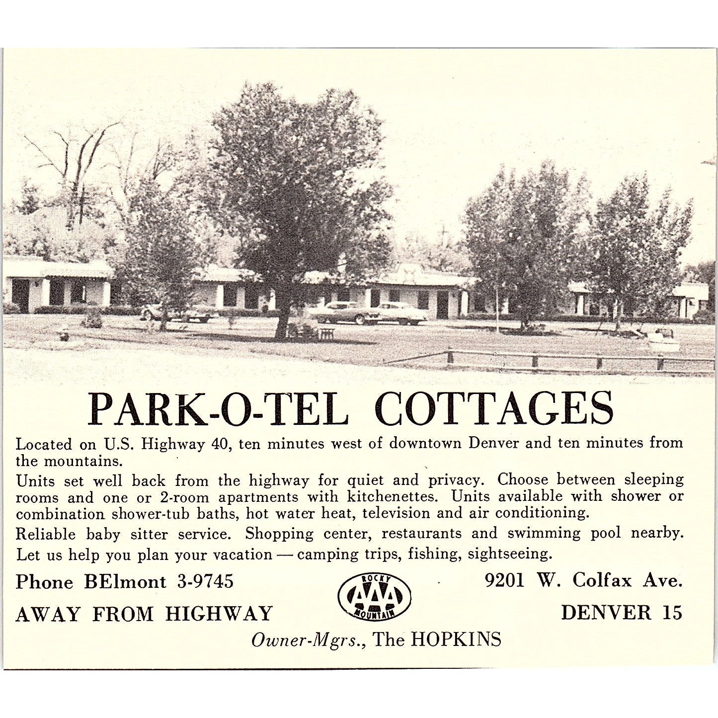 Park-O-Tel Cottages Hopkins, Sunset village Motel Denver CO 1958 Ad AG1-H3