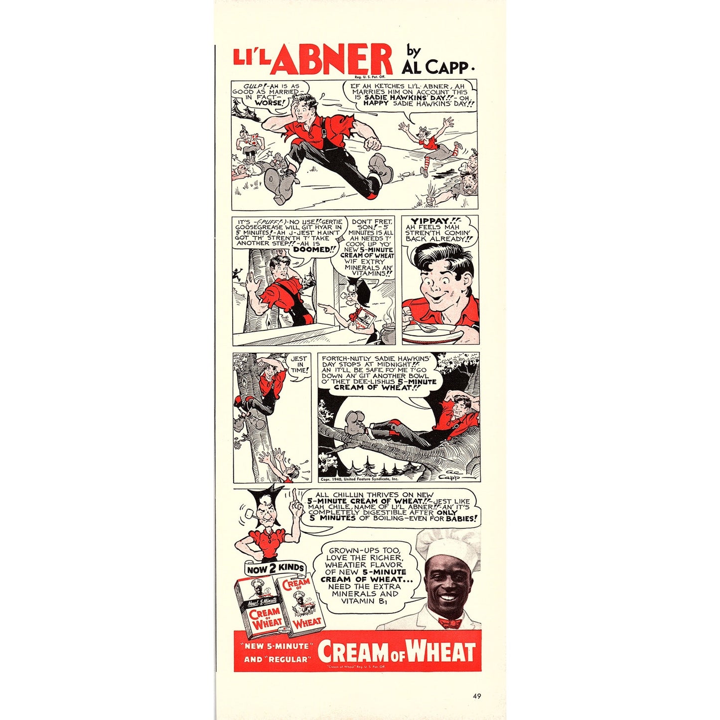 Cream of Wheat - Li'l Abner Al Capp Comic 1940 Ad V14-8