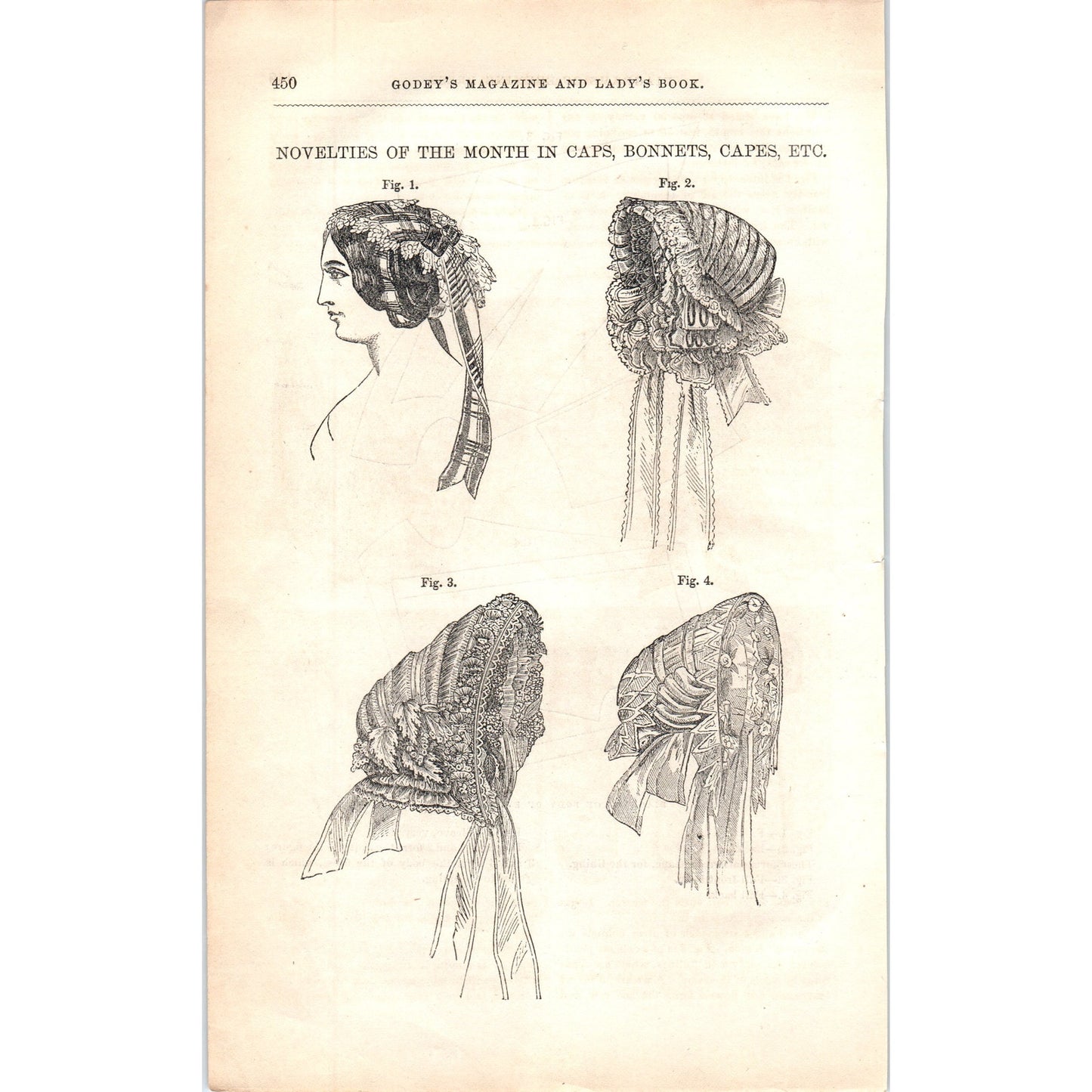 Pre-Civil War Fashionable Caps, Bonnets & Capes 1857 Original Engraving D19-5