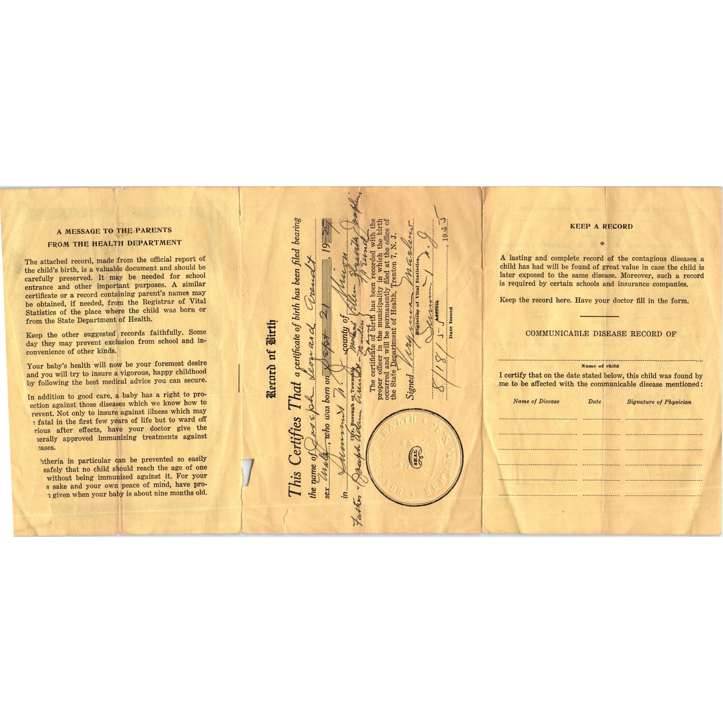 State of New Jersey Record of Birth and Health Joseph Leonard Arendt 1955 AB9