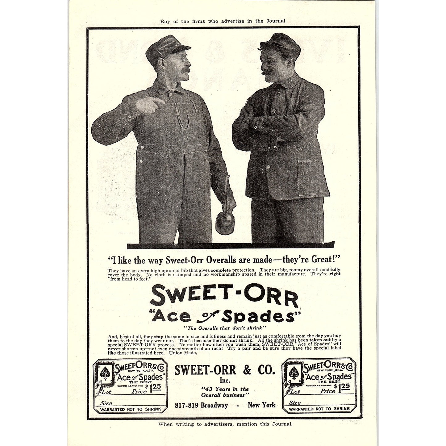 Sweet-Orr Ace of Spades Work Overalls New York 1914 Original Ad AF3-2