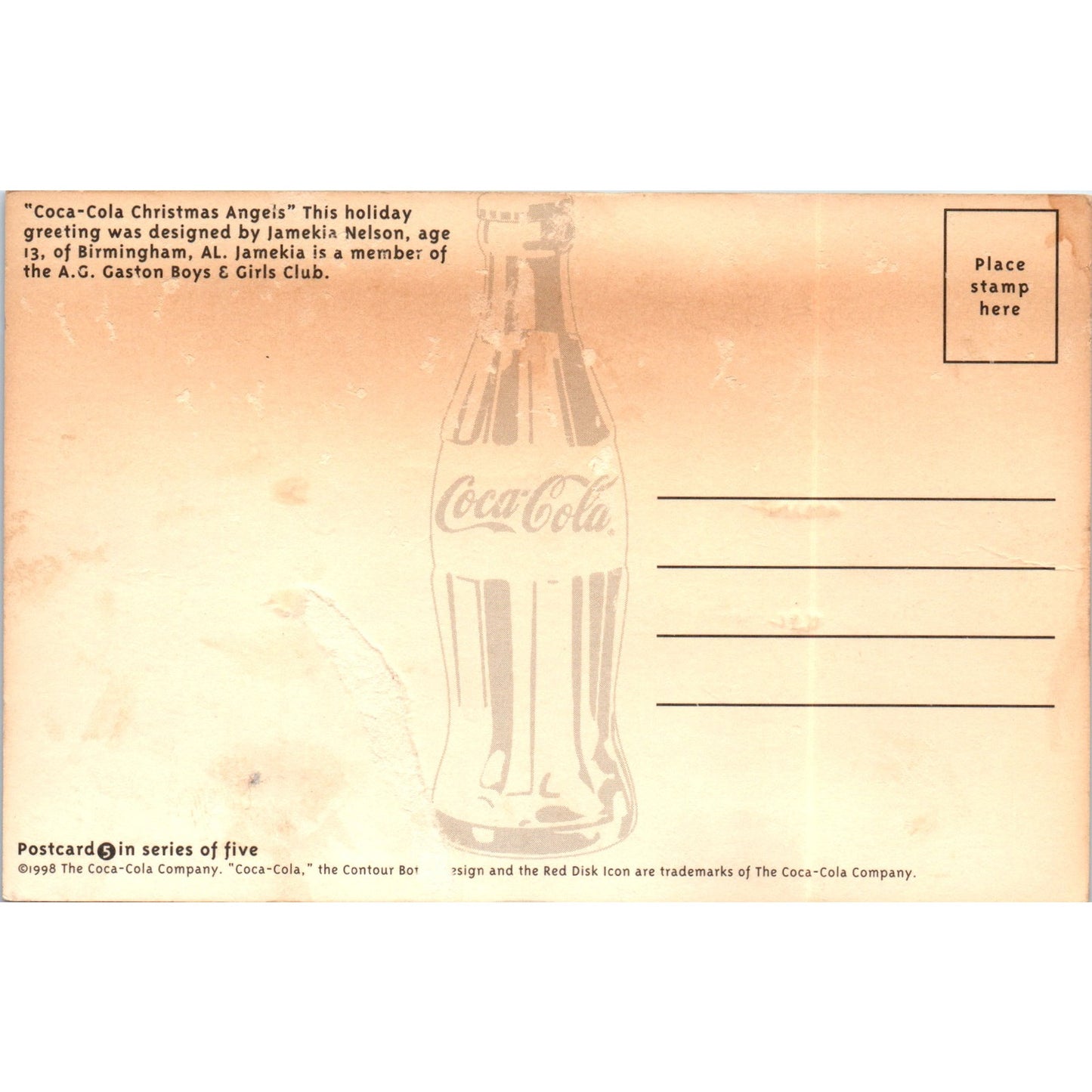 Coca-Cola Christmas Angels Jamekia Nelson Birmingham - Vintage Postcard AB8-RS1