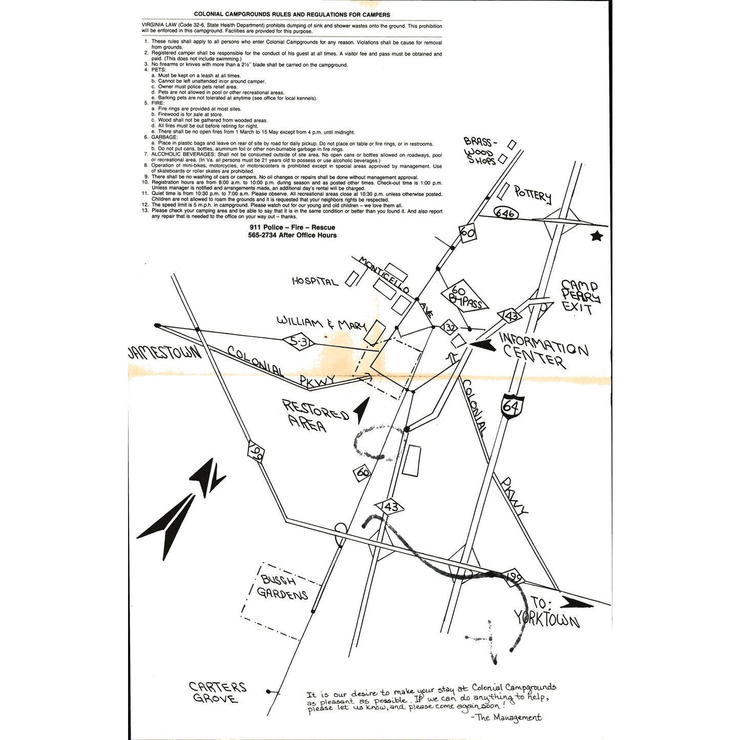 1960s Colonial Campgrounds Williamsburg VA Fold Out Map V1-1