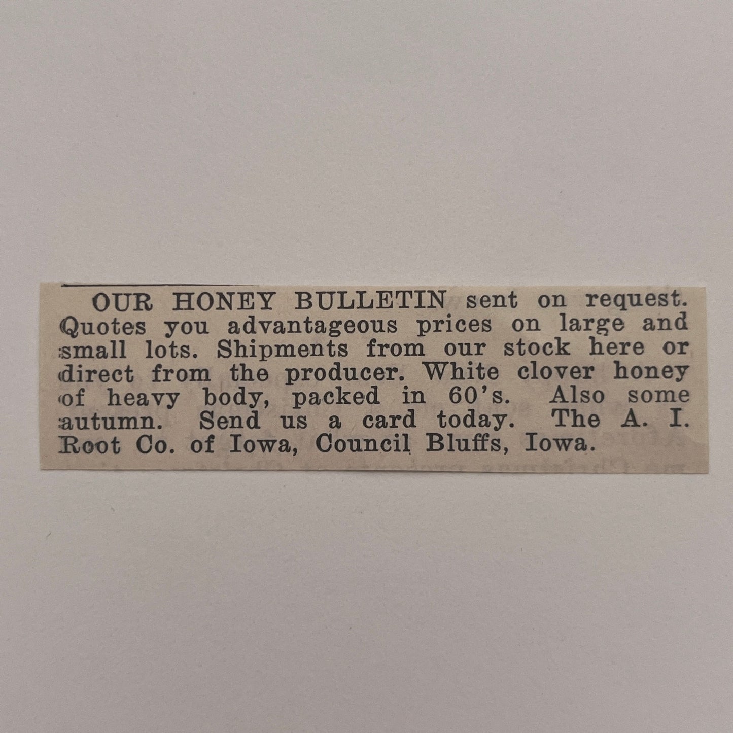 The A.I. Root Co of Iowa honey Bulletin Council Bluffs IA 1926 Ad AG3-S23