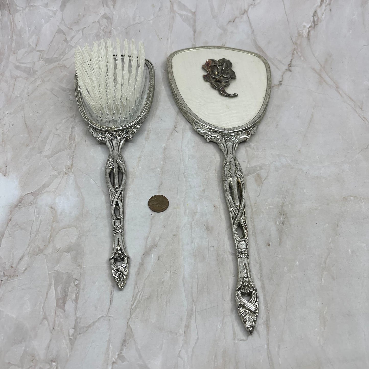 1950s Vanity Set Brush Comb Mirror Chrome Silver Toned Ornate Roses TF5