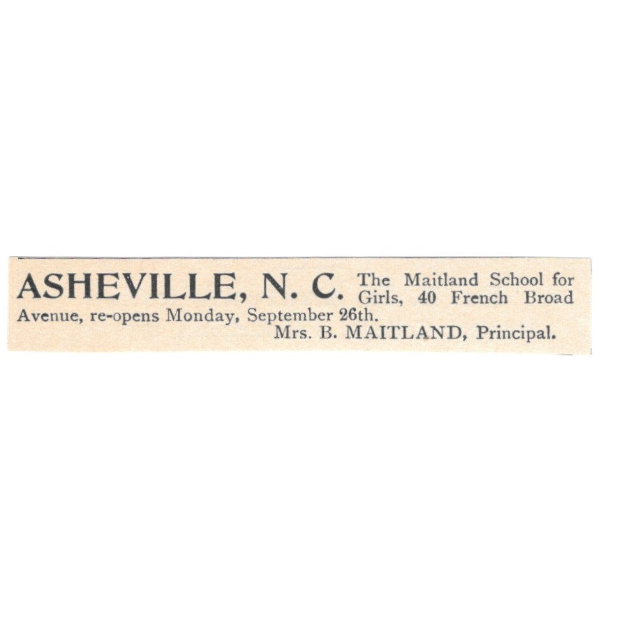 Maitland School for Girls Asheville NC B. Maitland 1892 Magazine Ad AK6-S5